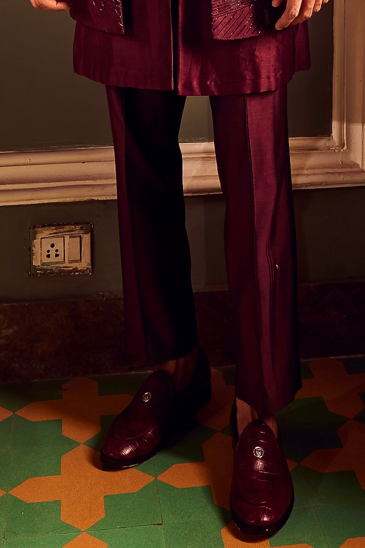 Maroon Chanderi Cutdana Embellished Pintuck Wedding Indowestern Set by ASUKA at Pernia's Pop Up Shop