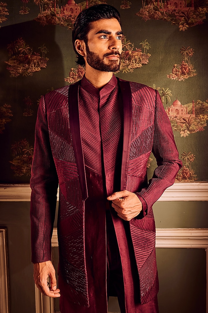 Maroon Chanderi Cutdana Embellished Pintuck Wedding Indowestern Set by ASUKA at Pernia's Pop Up Shop