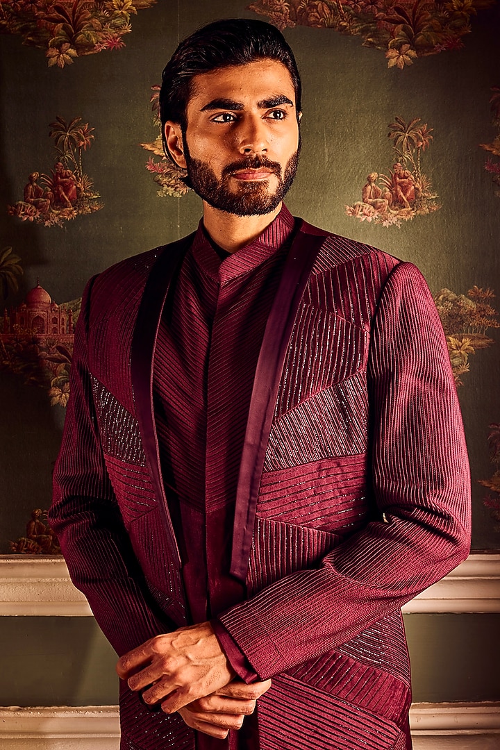 Maroon Chanderi Cutdana Embellished Pintuck Wedding Indowestern Set by ASUKA at Pernia's Pop Up Shop