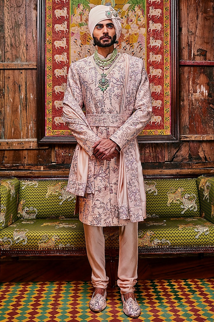 Peach Chanderi Dabka Embroidered Groom Sherwani Set by ASUKA at Pernia's Pop Up Shop