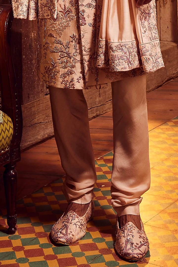 Peach Chanderi Dabka Embroidered Groom Sherwani Set by ASUKA at Pernia's Pop Up Shop
