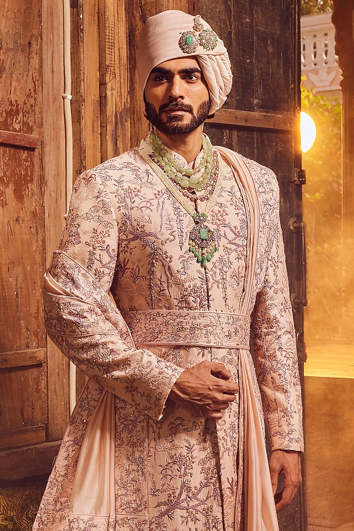 Peach Chanderi Dabka Embroidered Groom Sherwani Set by ASUKA at Pernia's Pop Up Shop