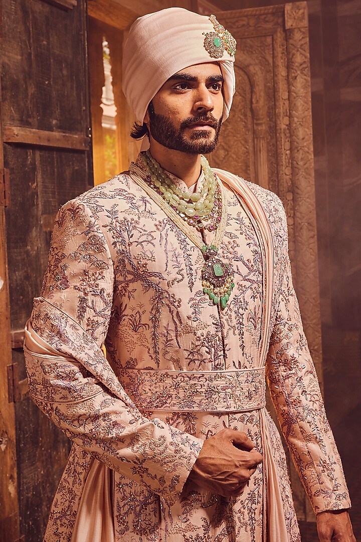 Peach Chanderi Dabka Embroidered Groom Sherwani Set by ASUKA at Pernia's Pop Up Shop