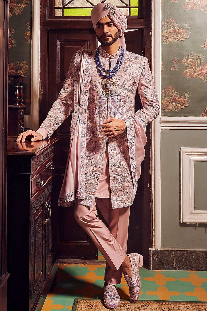 Pink Raw Silk Resham Embroidered Groom Sherwani Set by ASUKA at Pernia's Pop Up Shop