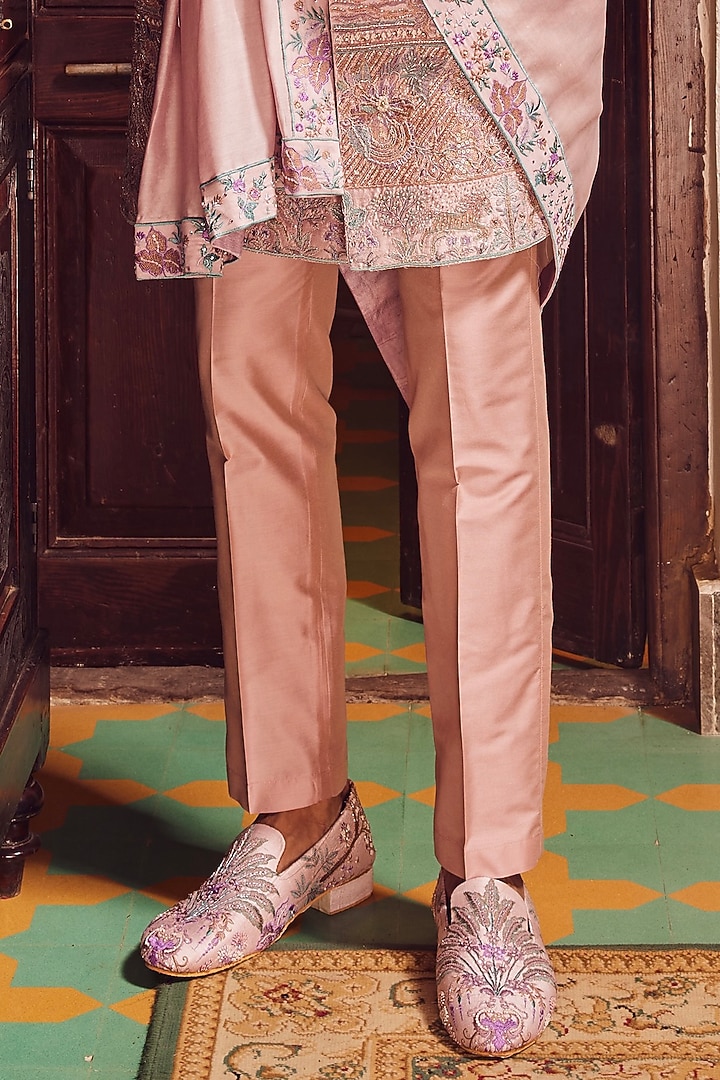 Pink Raw Silk Resham Embroidered Groom Sherwani Set by ASUKA at Pernia's Pop Up Shop
