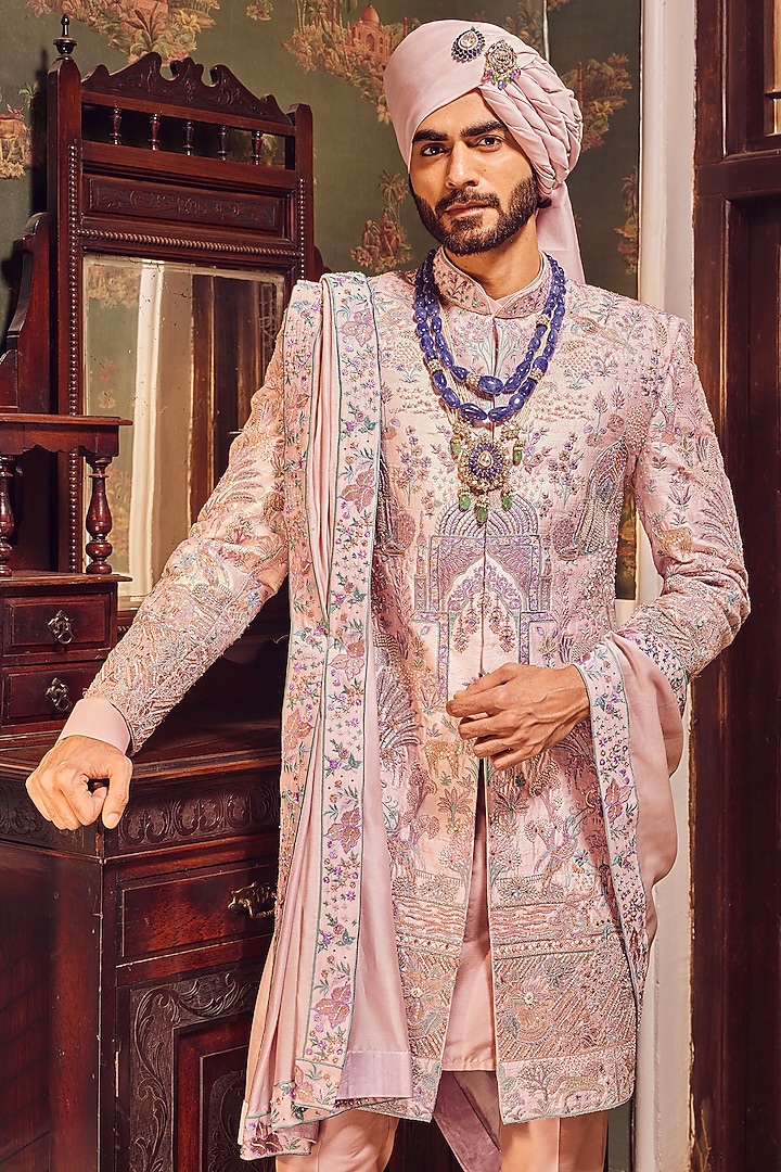 Pink Raw Silk Resham Embroidered Groom Sherwani Set by ASUKA at Pernia's Pop Up Shop