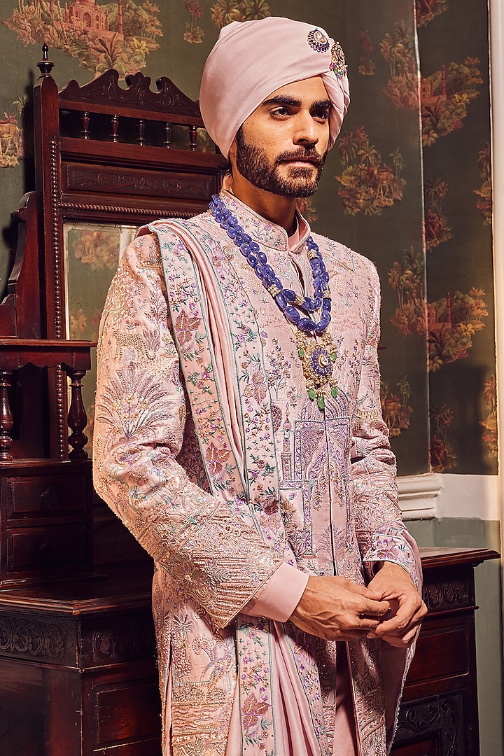 Pink Raw Silk Resham Embroidered Groom Sherwani Set by ASUKA at Pernia's Pop Up Shop