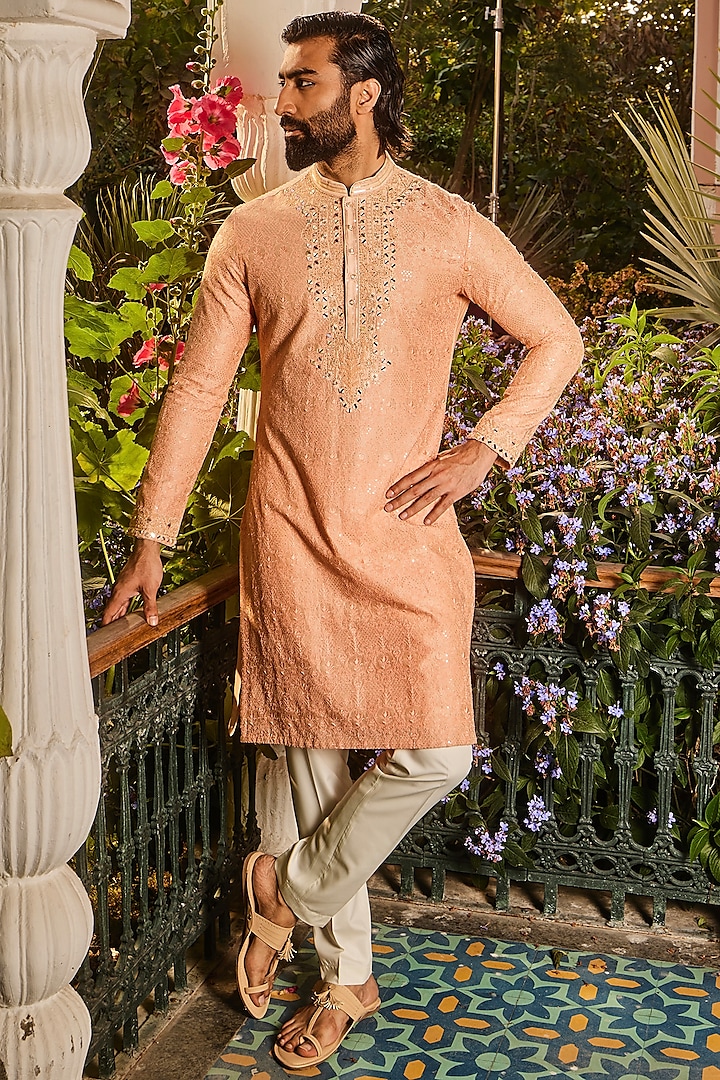 Peach Chanderi Resham Embroidered Kurta Set by ASUKA at Pernia's Pop Up Shop