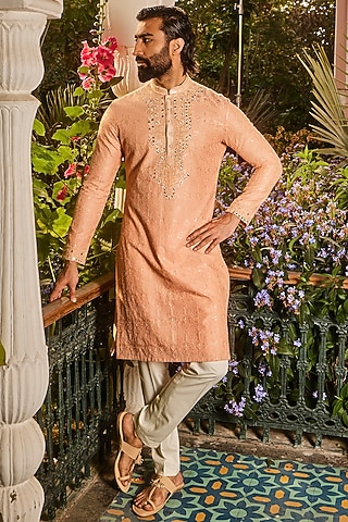 Peach Chanderi Resham Embroidered Kurta Set by ASUKA