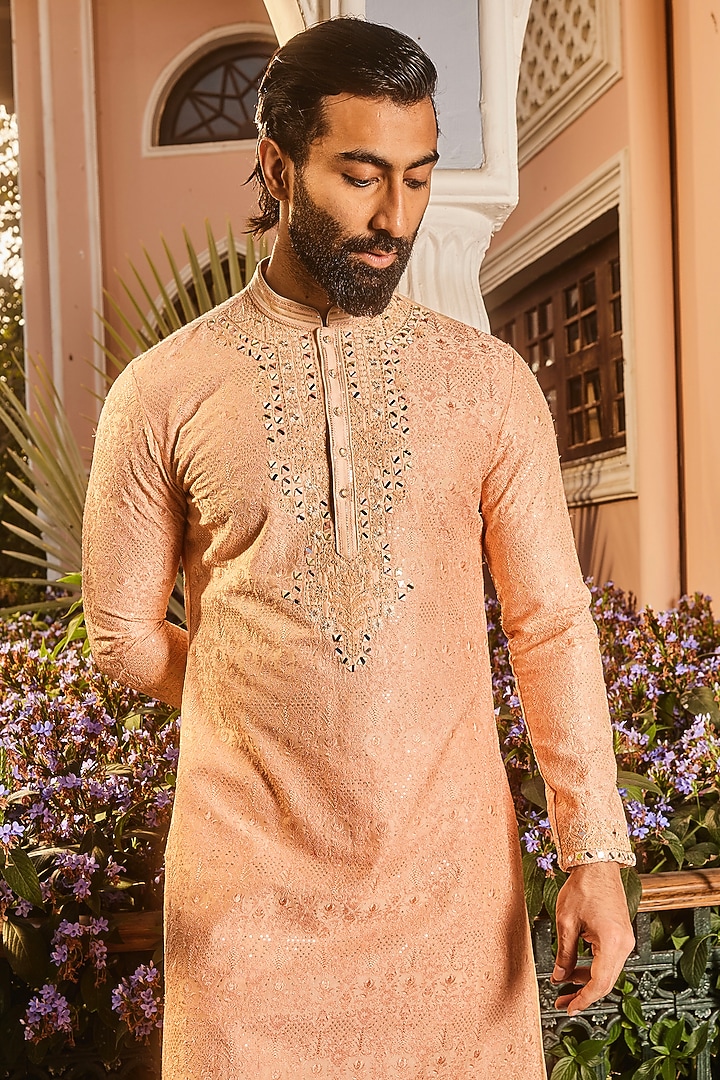 Peach Chanderi Resham Embroidered Kurta Set by ASUKA at Pernia's Pop Up Shop