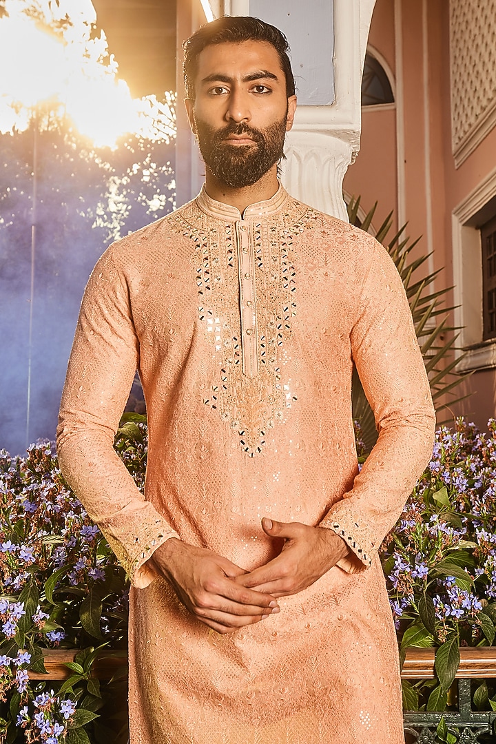 Peach Chanderi Resham Embroidered Kurta Set by ASUKA at Pernia's Pop Up Shop