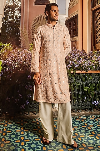 Champagne Chanderi Silk Mirror Embroidered Kurta Set by ASUKA