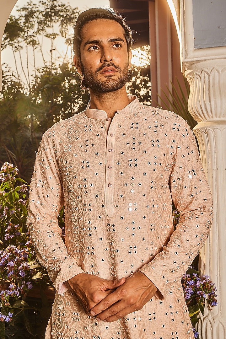Champagne Chanderi Silk Mirror Embroidered Kurta Set by ASUKA at Pernia's Pop Up Shop