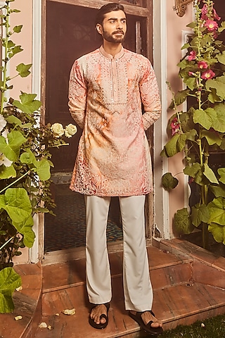 Peach Silk Printed & Dori Embroidered Kurta Set by ASUKA