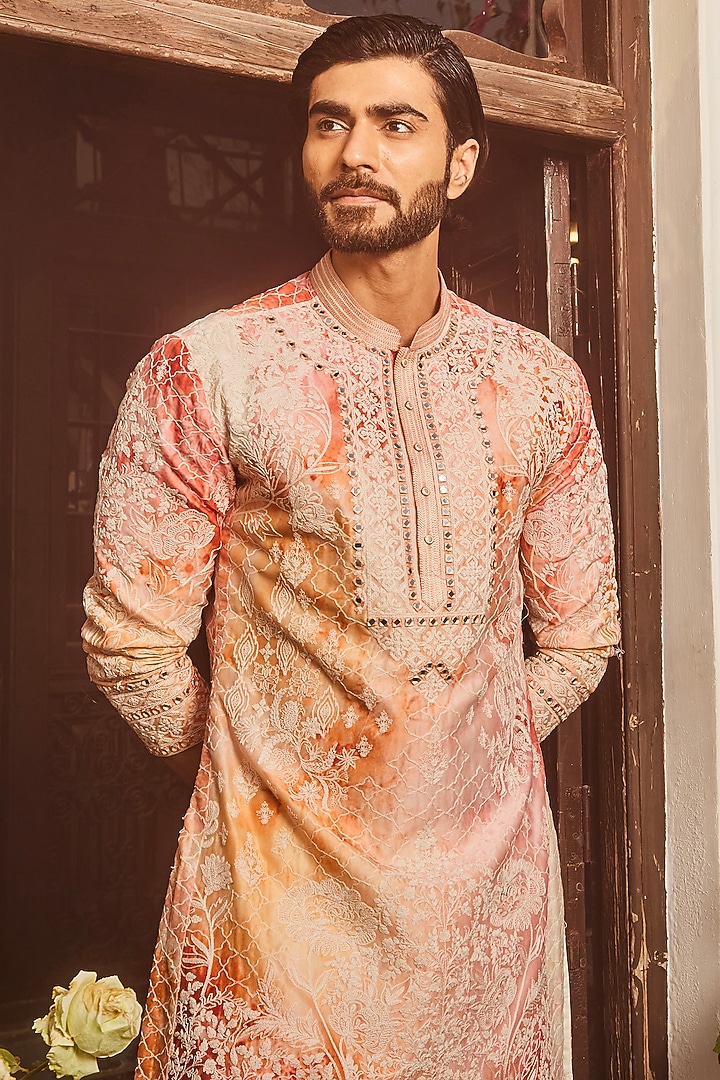 Peach Silk Printed & Dori Embroidered Kurta Set by ASUKA at Pernia's Pop Up Shop