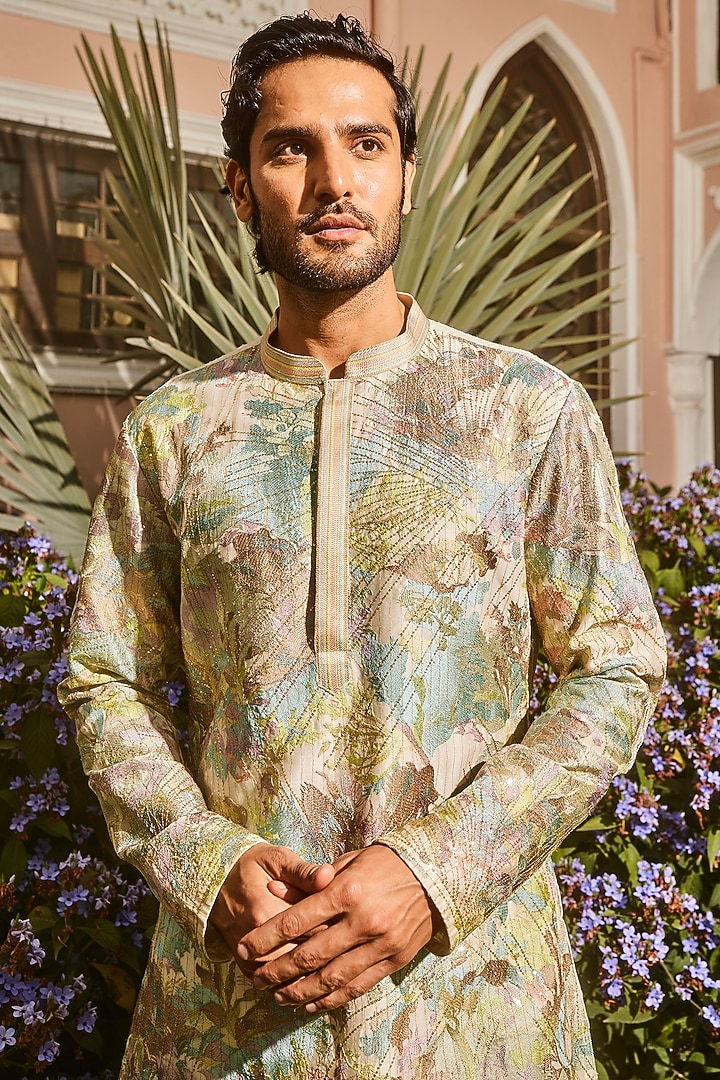 Ivory Chanderi Silk Thread Embroidered Kurta Set by ASUKA at Pernia's Pop Up Shop