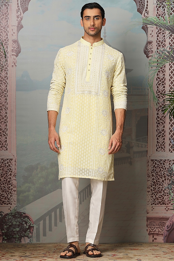 Daisy Cream Chanderi Silk Sequins Embroidered Kurta Set by ASUKA