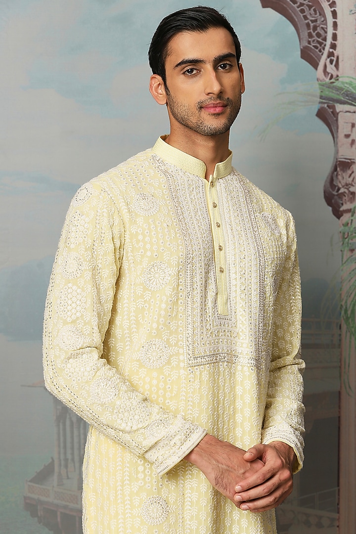 Daisy Cream Chanderi Silk Sequins Embroidered Kurta Set by ASUKA at Pernia's Pop Up Shop