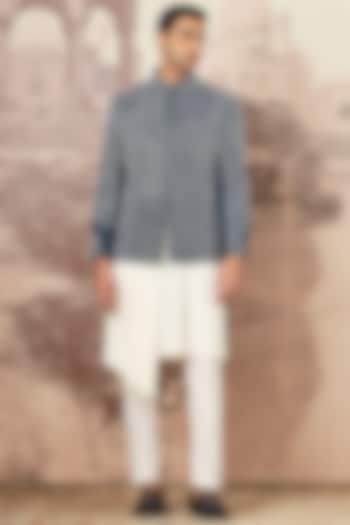 Indigo Cotton Linen Hand Embroidered Wedding Bandhgala Set by ASUKA at Pernia's Pop Up Shop