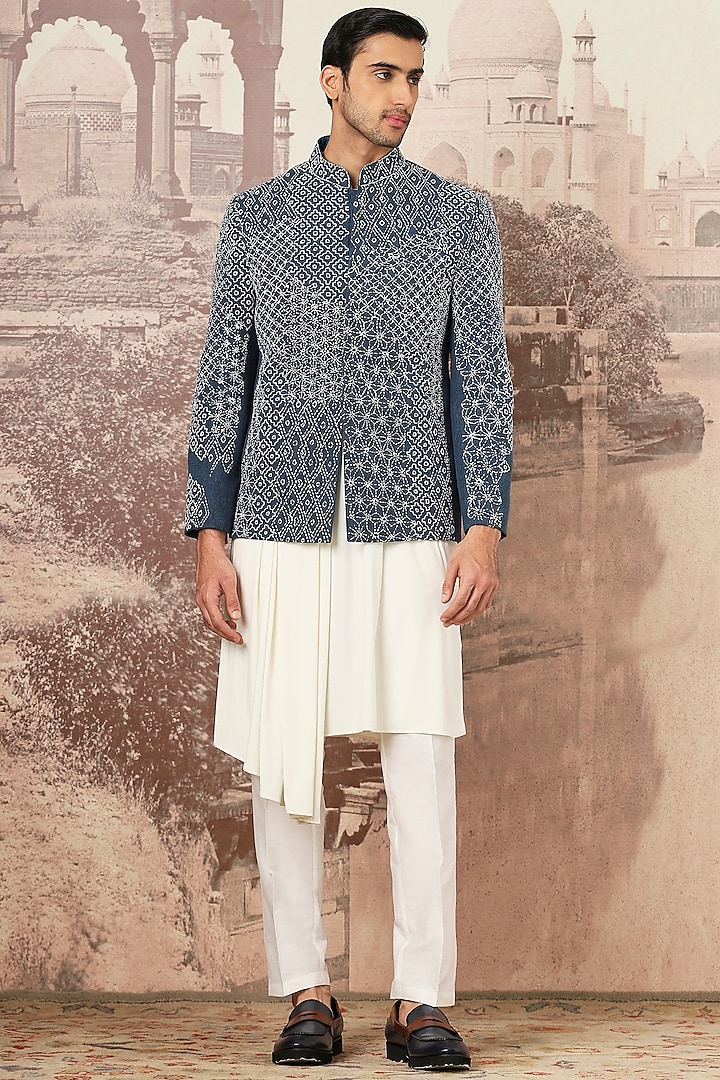 Indigo Cotton Linen Hand Embroidered Wedding Bandhgala Set by ASUKA at Pernia's Pop Up Shop