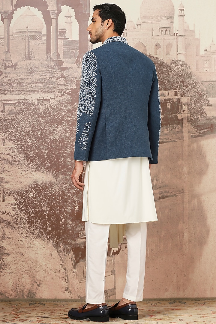 Indigo Cotton Linen Hand Embroidered Wedding Bandhgala Set by ASUKA at Pernia's Pop Up Shop
