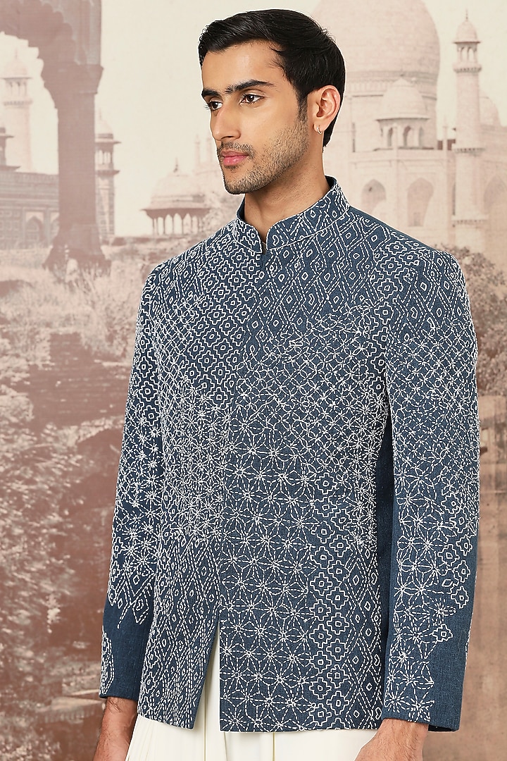 Indigo Cotton Linen Hand Embroidered Wedding Bandhgala Set by ASUKA at Pernia's Pop Up Shop