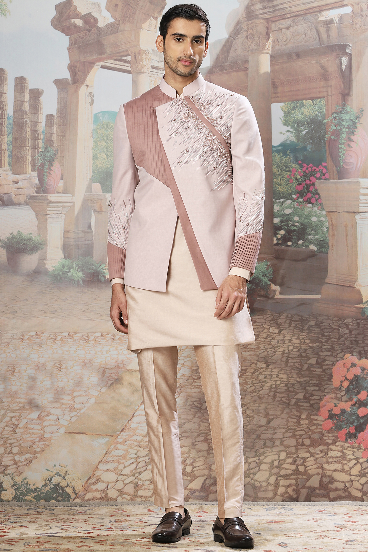 Soft Lilac Silk Resham Embroidered Bandhgala Set by ASUKA