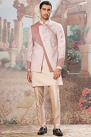 Soft Lilac Silk Resham Embroidered Bandhgala Set by ASUKA