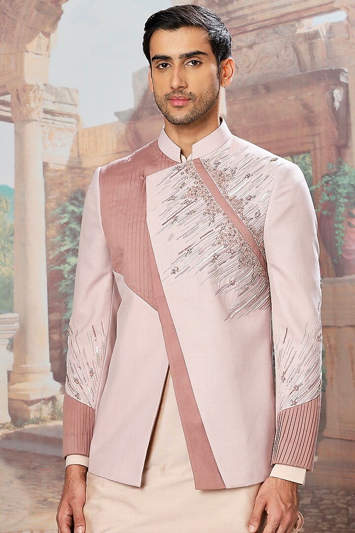 Soft Lilac Silk Resham Embroidered Wedding Bandhgala Set by ASUKA at Pernia's Pop Up Shop