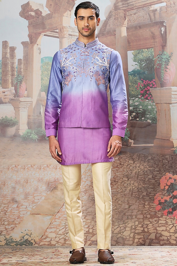 Violet Dusk Ombre Silk Resham Embroidered Bundi Jacket Set by ASUKA at Pernia's Pop Up Shop