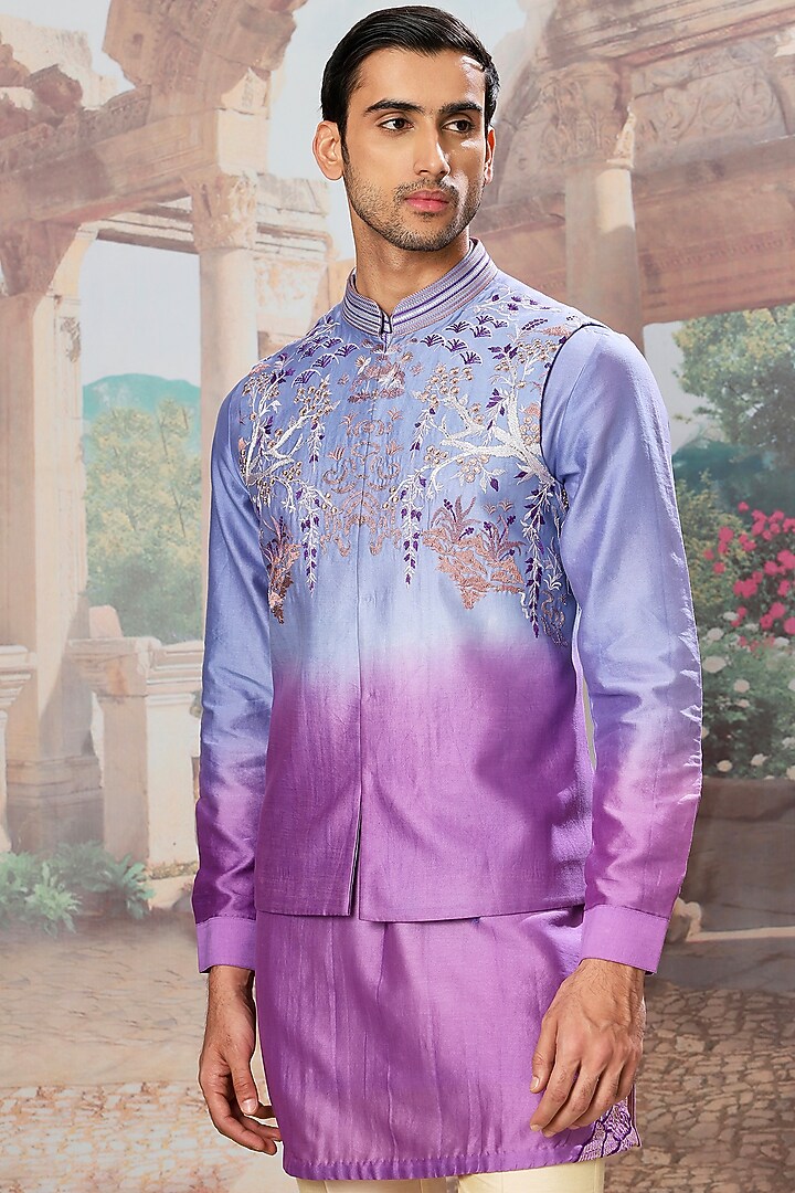 Violet Dusk Ombre Silk Resham Embroidered Bundi Jacket Set by ASUKA at Pernia's Pop Up Shop
