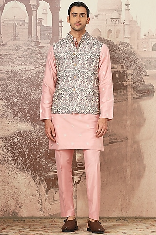 Orchid Rose Chanderi Silk Resham Embroidered Bundi Jacket Set by ASUKA