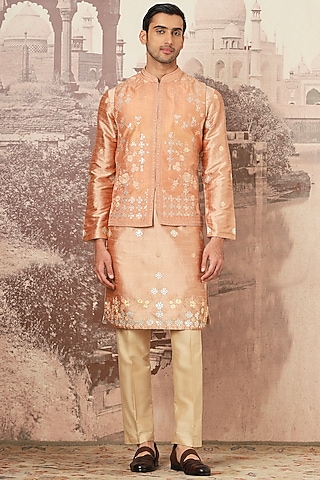 Pink Tussar Silk Dori Embroidered Bundi Jacket Set by ASUKA