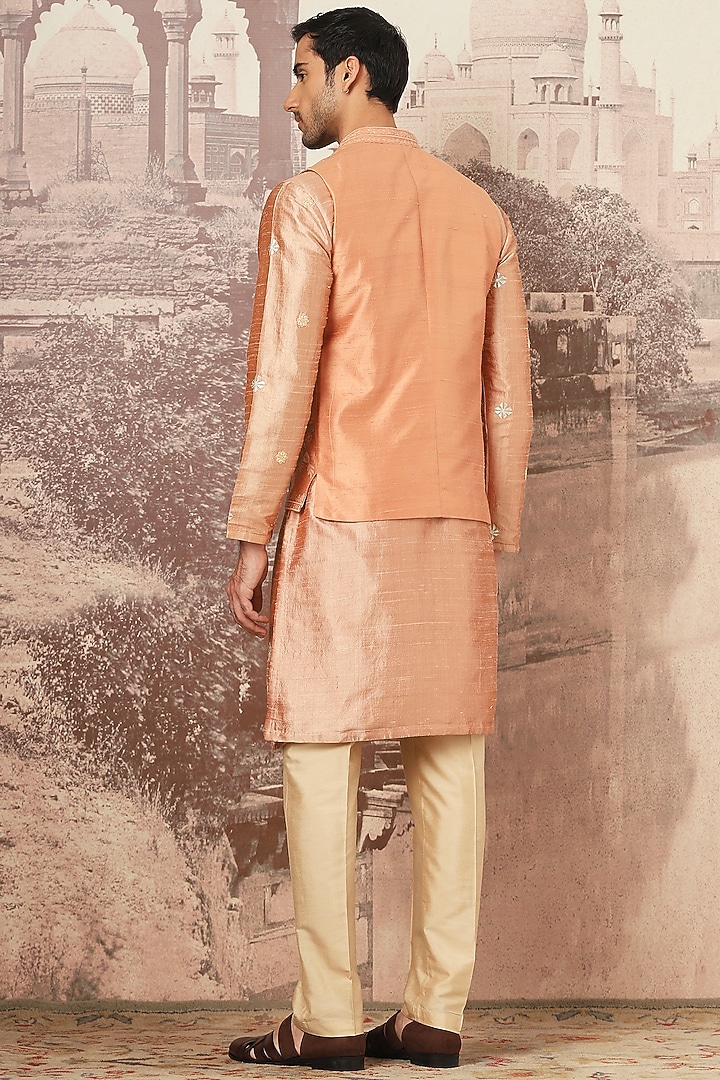 Pink Tussar Silk Dori Embroidered Bundi Jacket Set by ASUKA at Pernia's Pop Up Shop