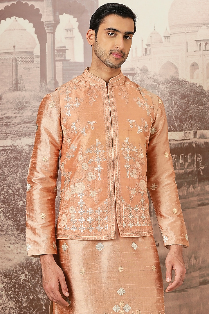 Pink Tussar Silk Dori Embroidered Bundi Jacket Set by ASUKA at Pernia's Pop Up Shop