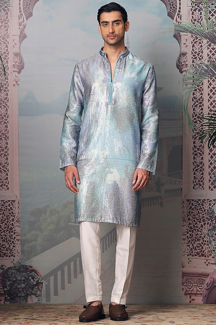 Sky Blue Chanderi Printed & Sequins Embroidered Kurta Set by ASUKA at Pernia's Pop Up Shop