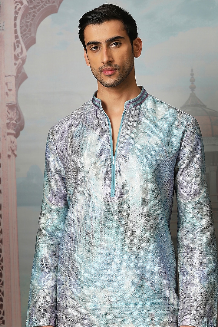 Sky Blue Chanderi Printed & Sequins Embroidered Kurta Set by ASUKA at Pernia's Pop Up Shop