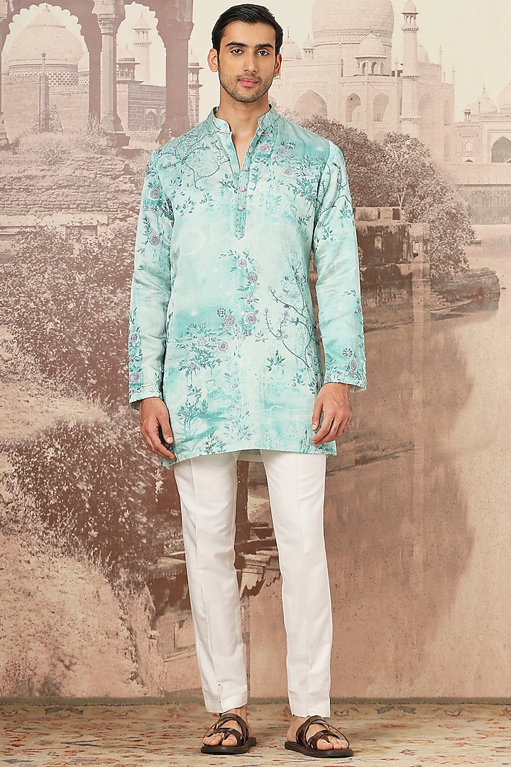 Soft Sage Green Linen Satin Digital Printed & Resham Embroidered Kurta Set by ASUKA