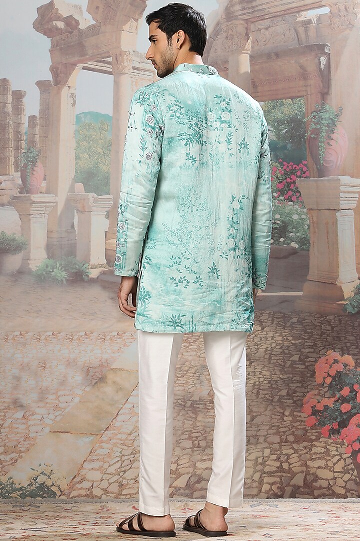 Soft Sage Green Linen Satin Digital Printed & Resham Embroidered Kurta Set by ASUKA at Pernia's Pop Up Shop