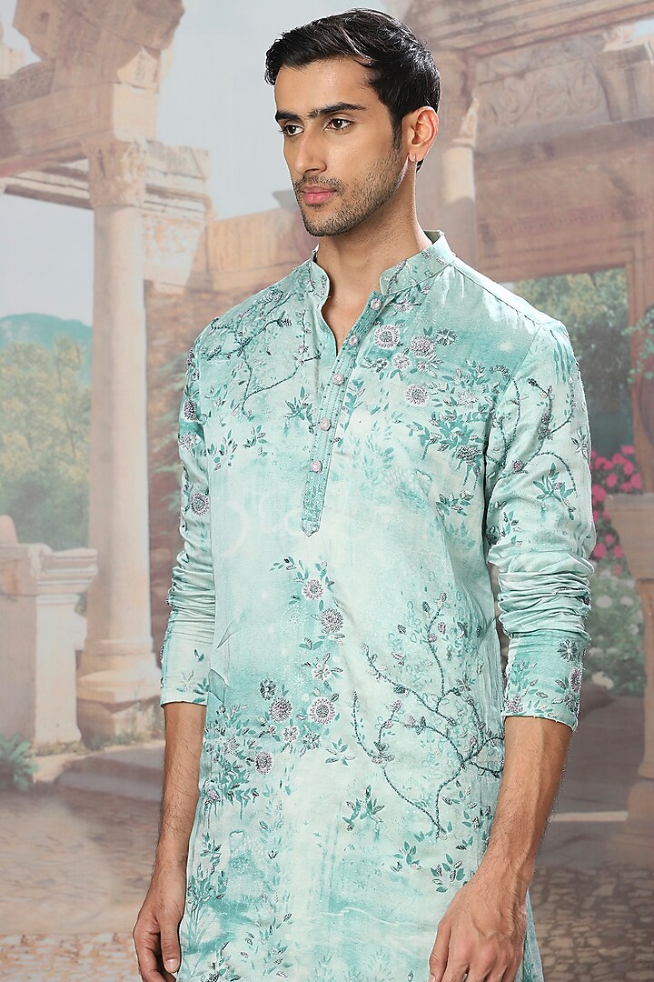 Soft Sage Green Linen Satin Digital Printed & Resham Embroidered Kurta Set by ASUKA at Pernia's Pop Up Shop