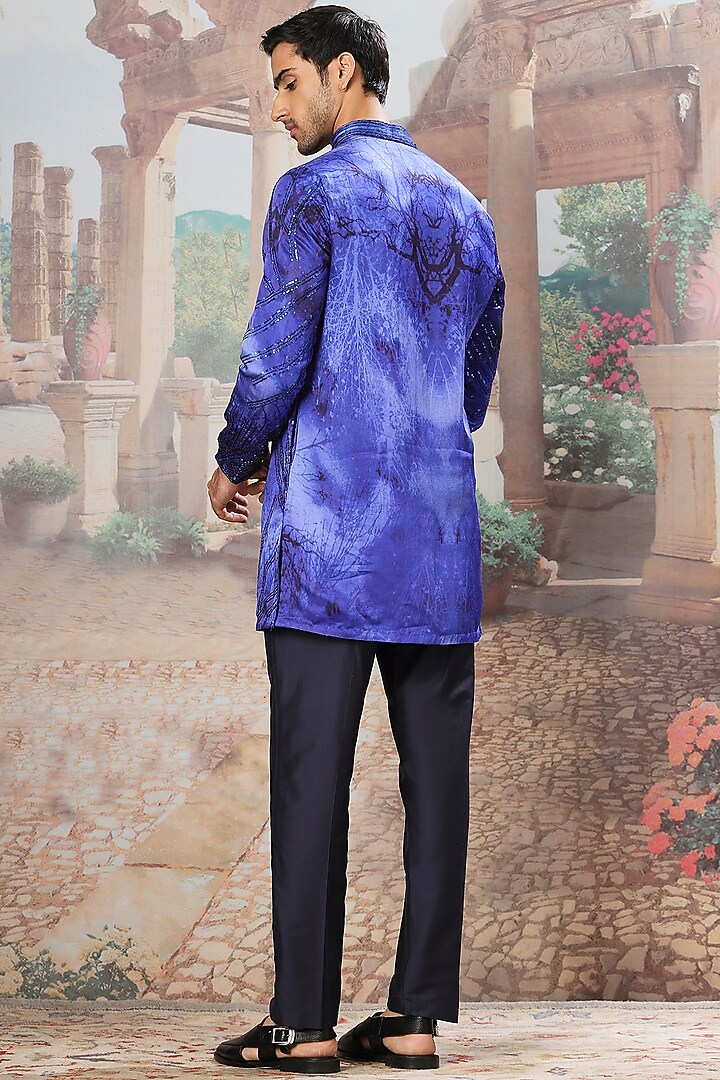 Indigo Silk Digital Printed & Sequins Embroidered Kurta Set by ASUKA at Pernia's Pop Up Shop
