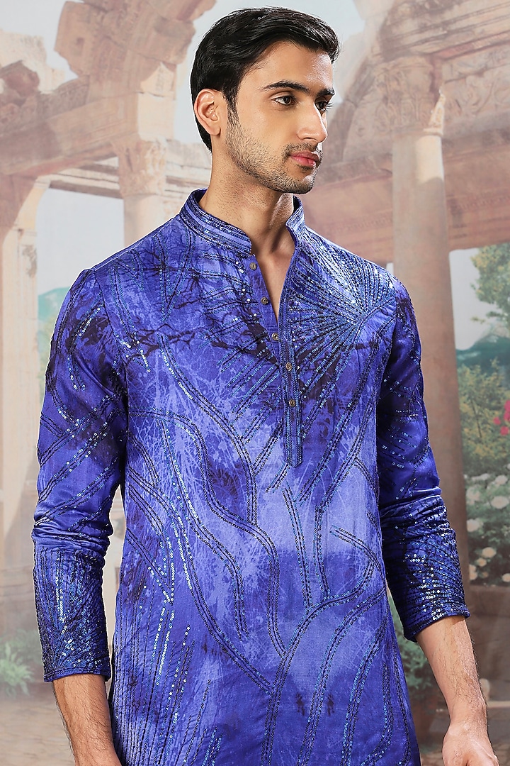 Indigo Silk Digital Printed & Sequins Embroidered Kurta Set by ASUKA at Pernia's Pop Up Shop