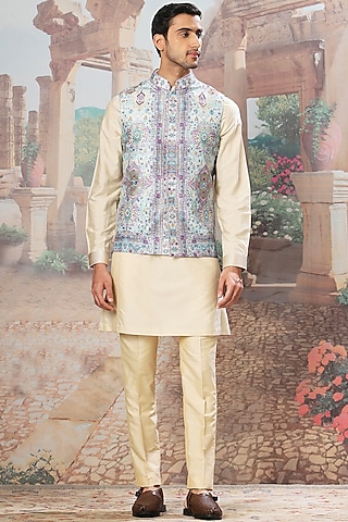 Vintage Beige Raw Silk Digital Printed & Mirror Embroidered Bundi Jacket Set by ASUKA
