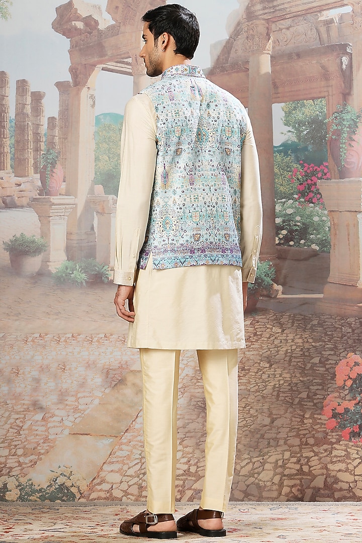 Vintage Beige Raw Silk Digital Printed & Mirror Embroidered Bundi Jacket Set by ASUKA at Pernia's Pop Up Shop