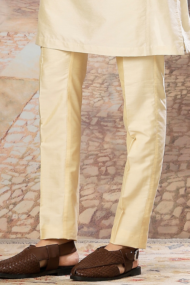 Vintage Beige Raw Silk Digital Printed & Mirror Embroidered Bundi Jacket Set by ASUKA at Pernia's Pop Up Shop