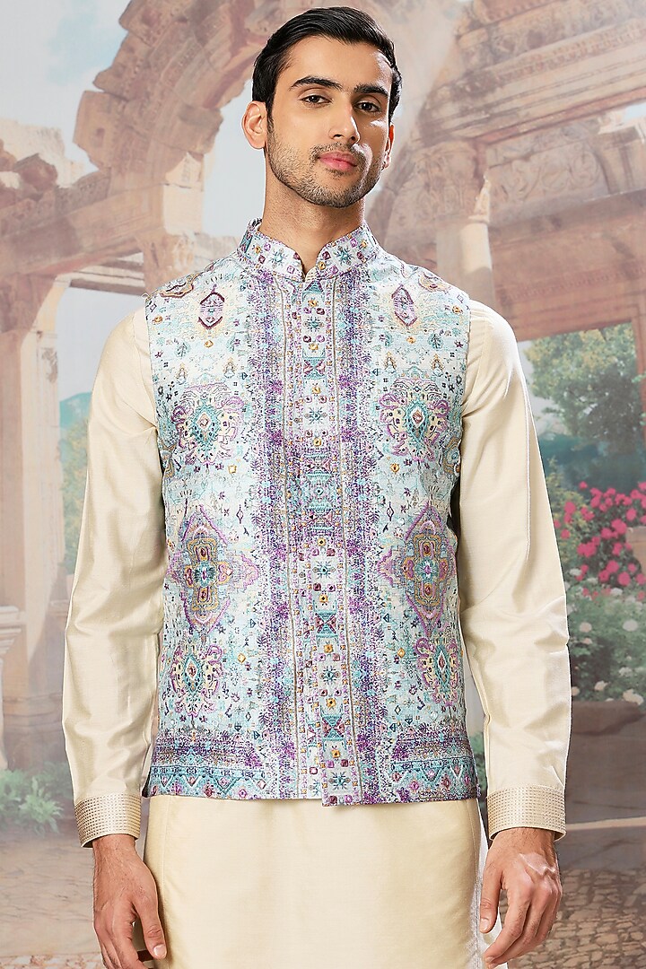 Vintage Beige Raw Silk Digital Printed & Mirror Embroidered Bundi Jacket Set by ASUKA at Pernia's Pop Up Shop