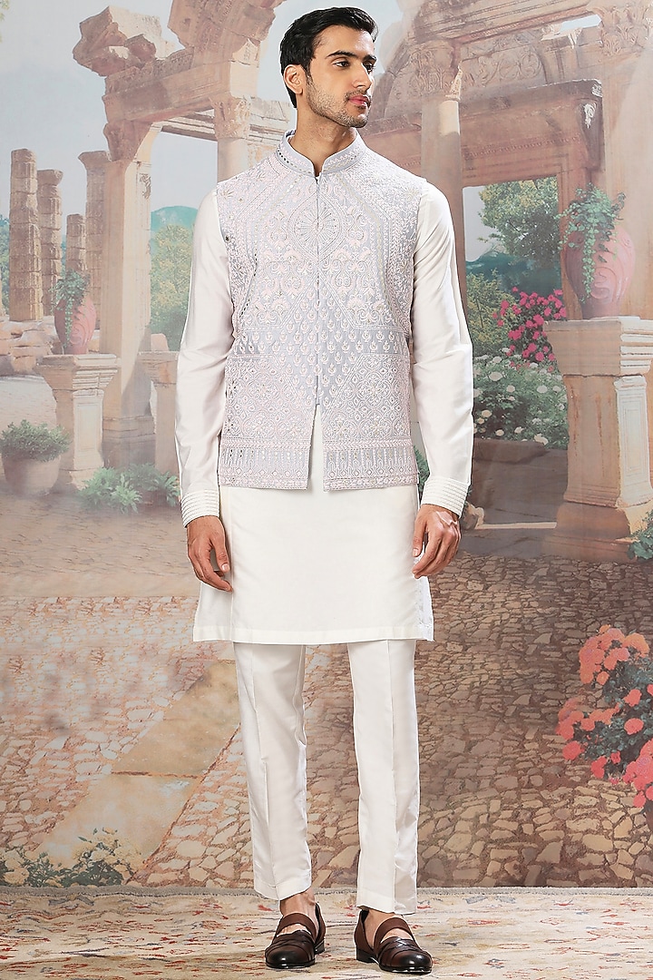 Slate Sky Blue & Grey Raw Silk Dori Work Bundi Jacket Set by ASUKA at Pernia's Pop Up Shop