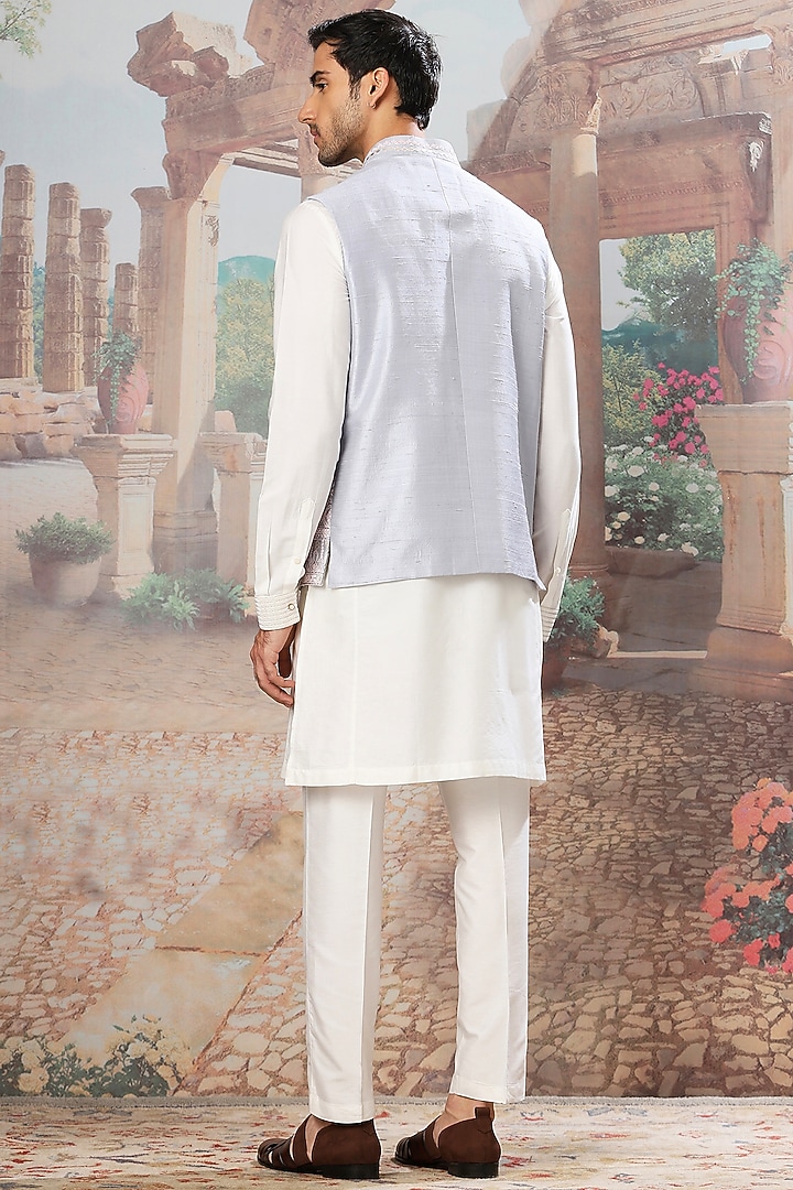 Slate Sky Blue & Grey Raw Silk Dori Work Bundi Jacket Set by ASUKA at Pernia's Pop Up Shop