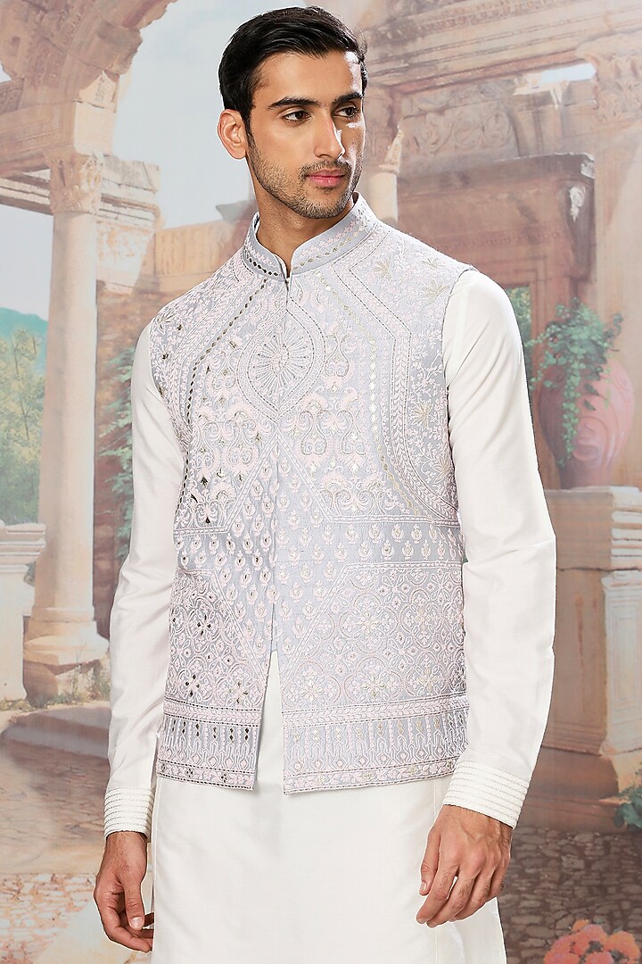 Slate Sky Blue & Grey Raw Silk Dori Work Bundi Jacket Set by ASUKA at Pernia's Pop Up Shop