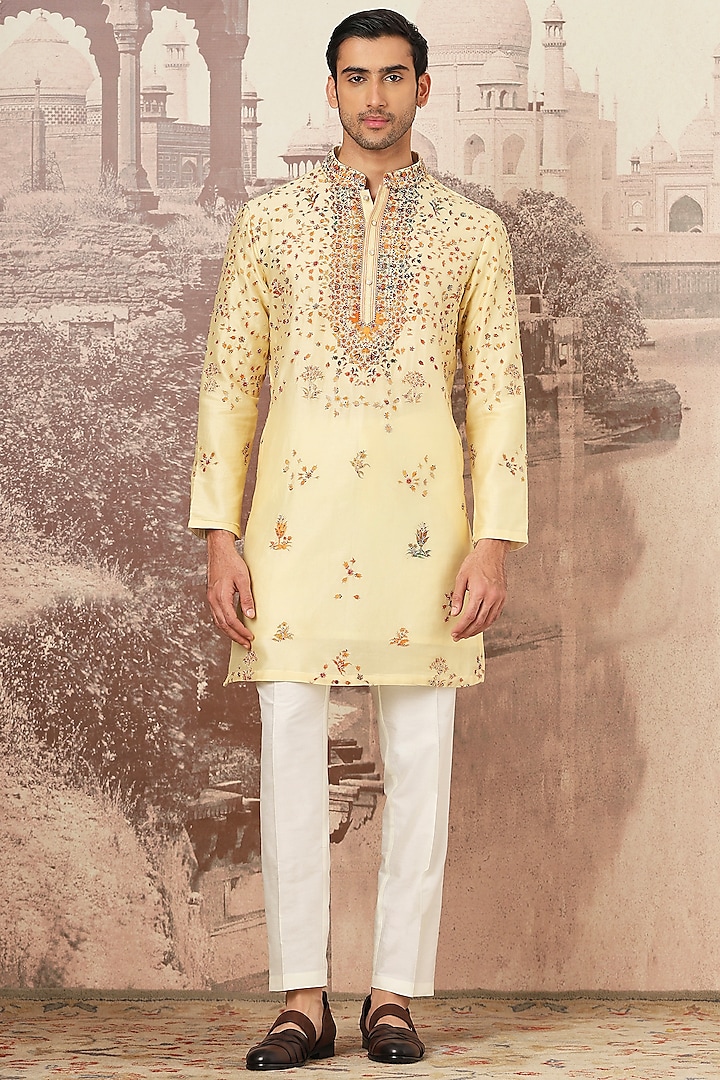 Sunlit Yellow Silk Digital Printed & Cutdana Embroidered Kurta Set by ASUKA